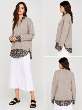 Brochu Walker The Looker Layered VNeck Pullover Light Chia Leopard Print size XS